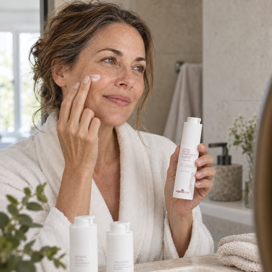Frau mit reifer Haut trägt die Lifting Peptide Cream Forte auf, daneben Optimal Facial Cleanser und Hyaluronic Acid 3 in 1 Serum aus dem Skin Lift System