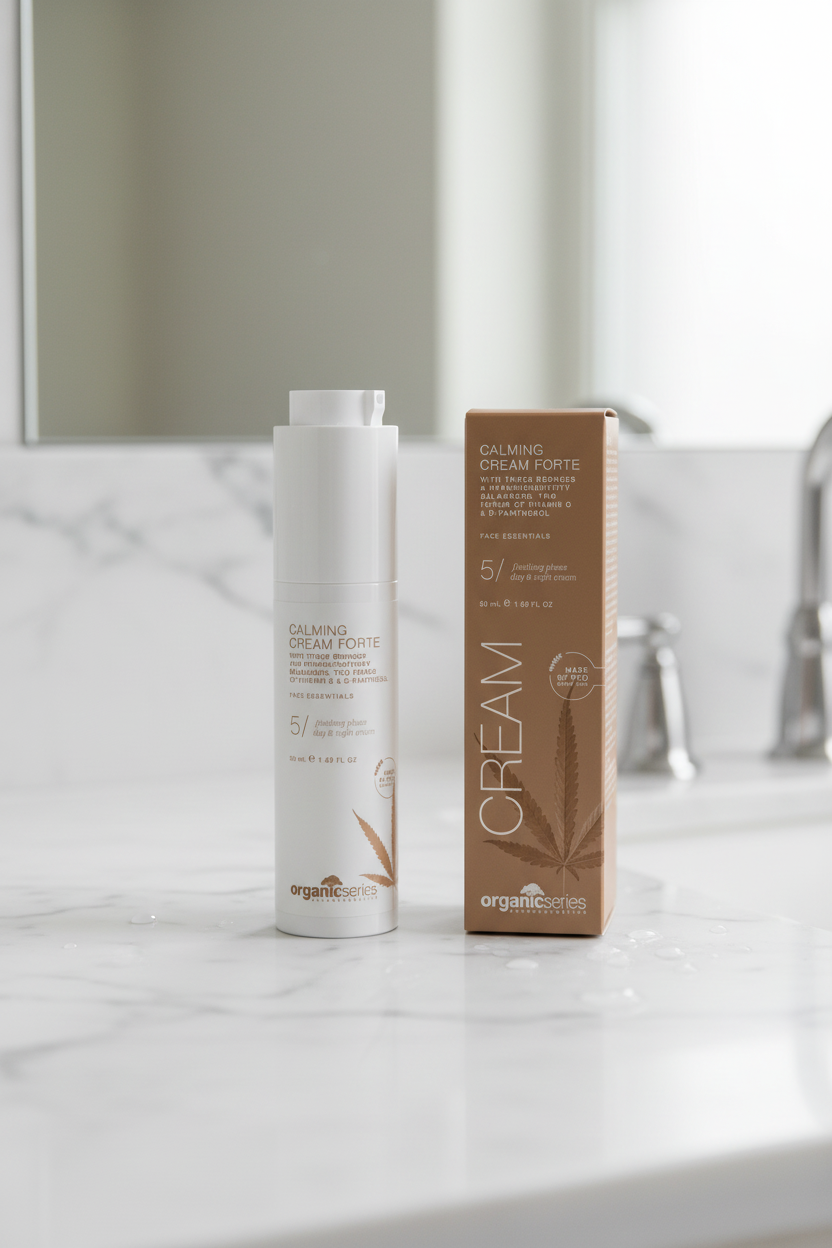 OrganicSeries Calming Cream Forte im Badezimmer – Pflege für empfindliche Haut