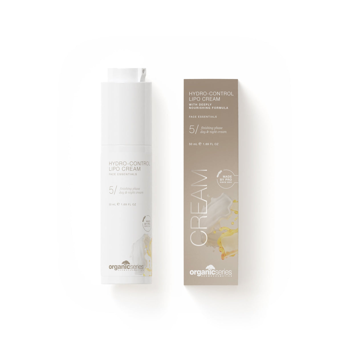 Hydro-Control Lipo Cream 50 ml und Verpackung auf weißem Hintergrund – OrganicSeries